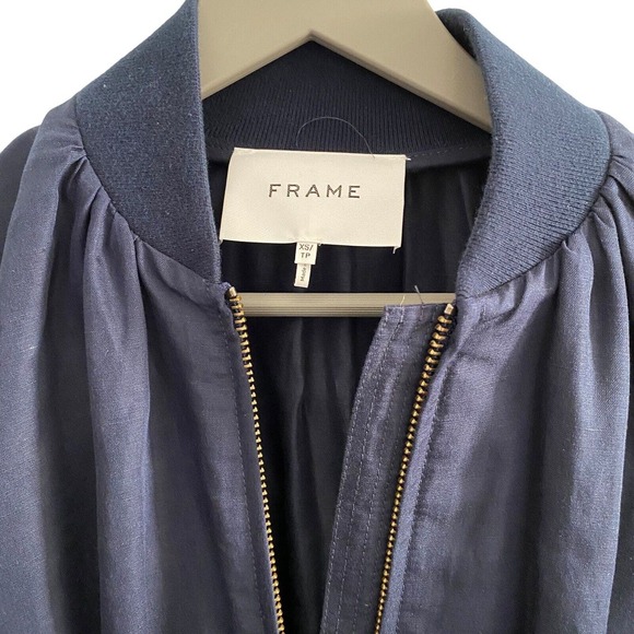 Frame Pleated Linen Bomber Style Jacket Size XS Navy Blue - Picture 2 of 6